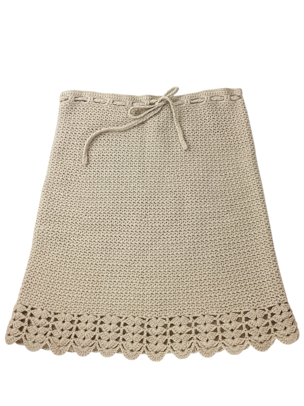 DKNY 100% Lambswool Knit Skirt Size M Tan Crochet Scallop Hem Drawcord